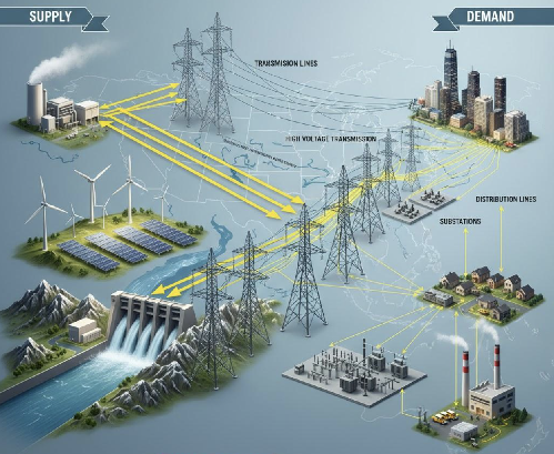 Traditional one-way electric grid flow from generation through transmission and distribution